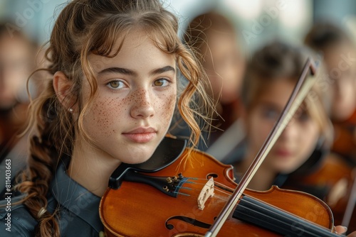 This image highlights a young musician with striking eyes as she plays the violin, framed by her curly hair