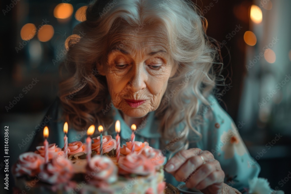 An elderly woman with gray hair celebrates her birthday by blowing out candles on a cake An elderly woman with gray hair celebrates her birthday by blowing out candles on a cake