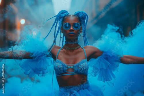 A woman in a blue ensemble stands boldly amidst theatrical blue smoke, portraying confidence and artistic flair