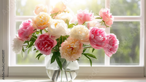 Bathed in the warm glow of sunlight filtering through the window on a spring afternoon  a charming display of soft pink peonies graces a white table 