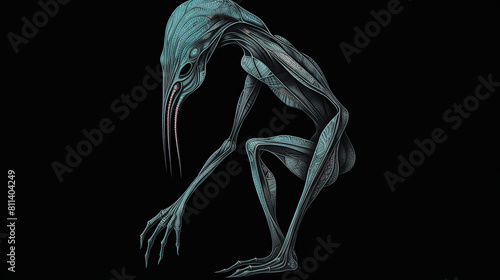 A minimal and strange illustration of a humanoid figure with elongated limbs and multiple eyes, its body contorted in an unnatural pose, rendered in deep blacks, grays, and blues, utilizing risograph 