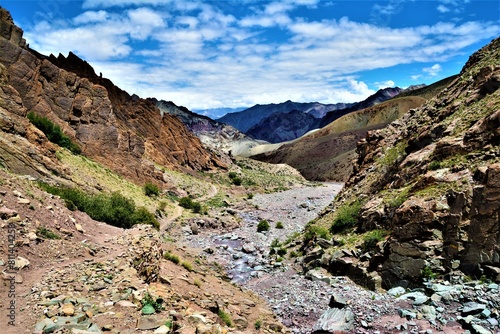 View of the rocky gorge taken from the hiking trail leading from the mountain pass Kongmaru La (5250 m) to the Chogdo village ("Markha Trek", Ladakh region, northwest India)