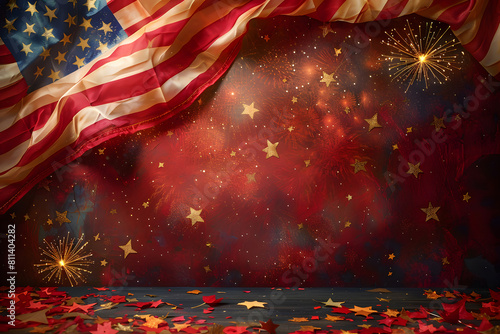American Flag colors and fireworks mockup background with copy space . 4 July independence day concept celebration