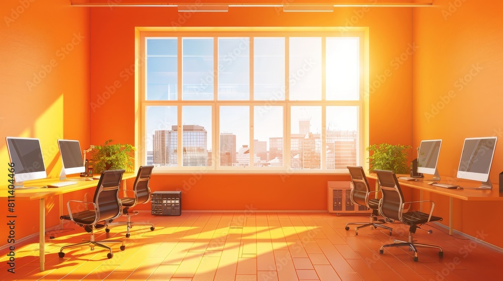 Fototapeta premium orange office interior with pc computers in row and panoramic window