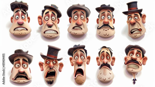  Cartoon 1930-s retro faces. Vintage emotional face  old style funny eyes and mouth  different facial expression on white background 3D avatars set vector icon  white background