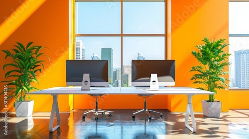 orange office interior with pc computers in row and panoramic window