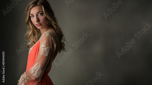 Mulher em um estúdio fotográfico. Ela está usando um vestido longo de cor coral, com detalhes em renda branca nas mangas e na cintura photo