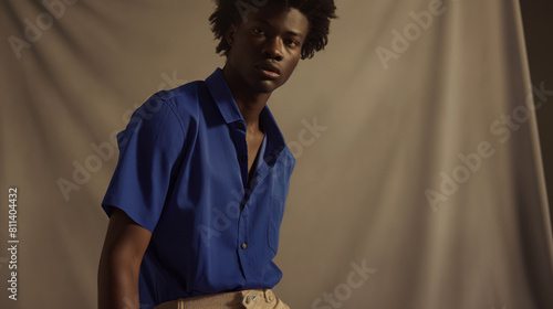 Homem em um estúdio fotográfico. Ele veste uma camisa de mangas curtas de cor azul royal, combinada com shorts de linho em tom de areia photo