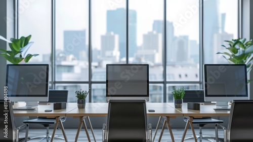 gray office interior with pc computers in row and panoramic window