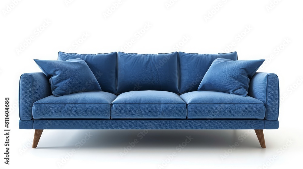 Obraz premium A blue sofa with cushions against a plain white background
