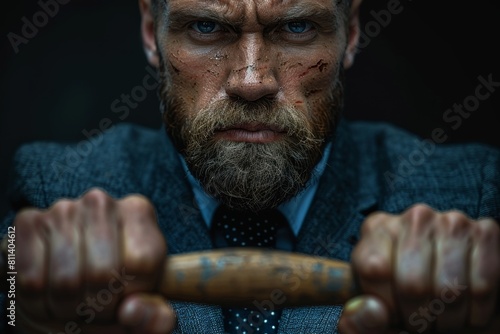 Close-up of a rugged man with intense gaze holding a baseball bat, with a dark, brooding atmosphere