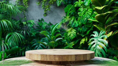 Serene Garden Oasis  Wooden Platform Surrounded by Lush Tropical Foliage and Textured Concrete Wall 