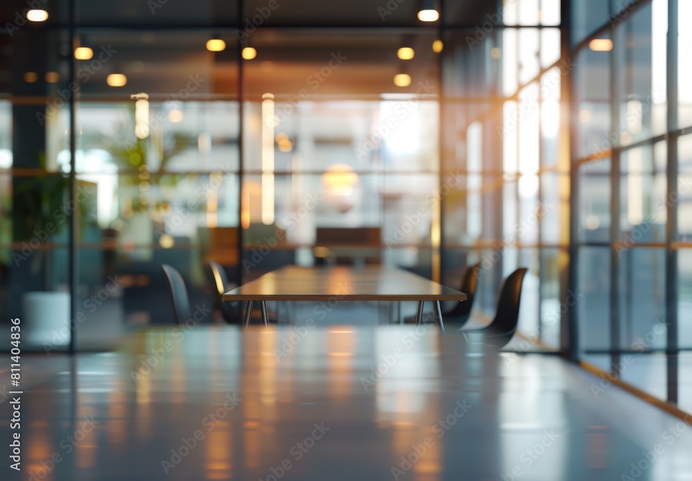 Blurred background of a modern office interior with panoramic windows and a table for meeting or training. Blurry business concept banner with a blurred background of an open space with glass walls. Blurred background of a modern office interior with panoramic windows and a table for meeting or training. Blurry business concept banner with a blurred background of an open space with glass walls.