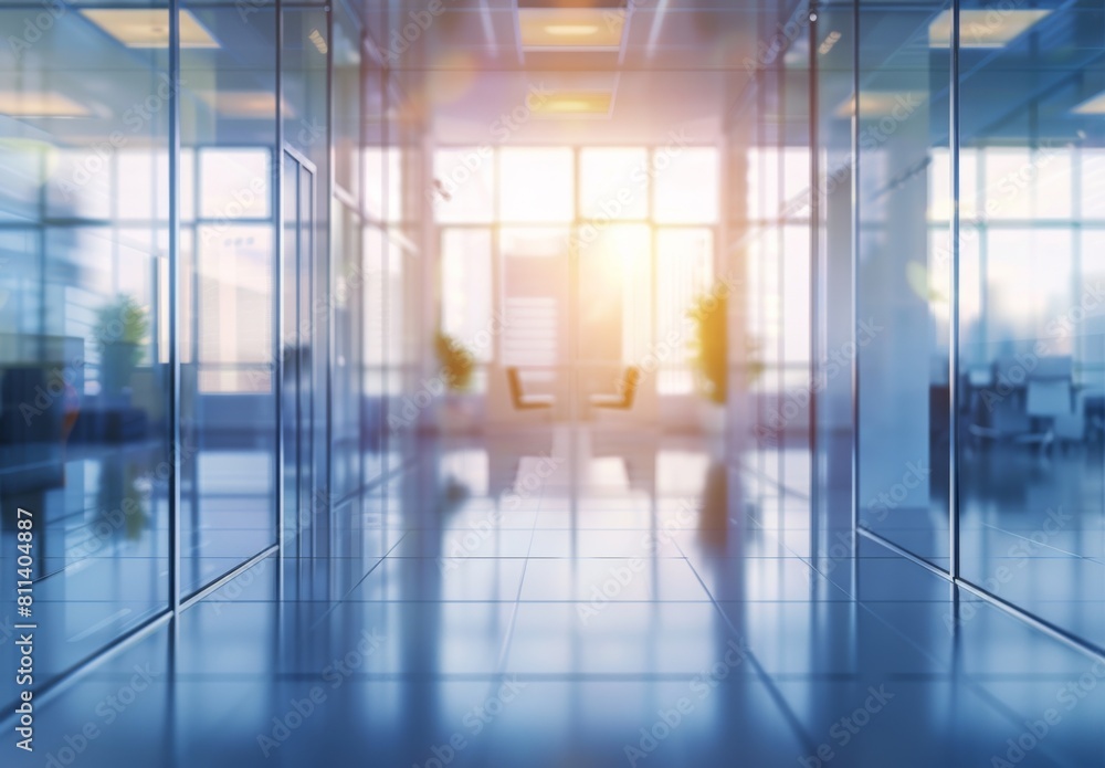 Blurred modern office interior with panoramic windows and glass walls. Background for presentation or advertisement Blurred modern office interior with panoramic windows and glass walls. Background for presentation or advertisement