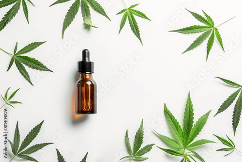 Flat layout of CBD oil over cannabis plants leaves in white background photo