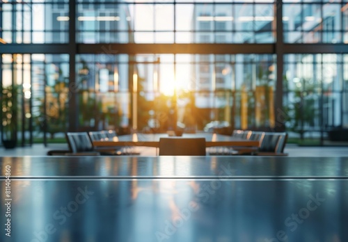 Blurred background of a modern office interior with panoramic windows and a table for meeting or training. Blurry business concept banner with a blurred background of an open space with glass walls