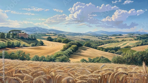 The sweeping vista of the picturesque Mugello countryside bathed in the warm afternoon glow of the summer solstice showcases expansive wheat fields stretching as far as the eye can see photo