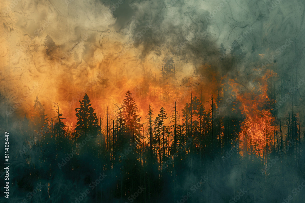 Burning forest with pine trees full of fire