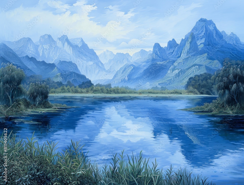 picturesque mountains and Majestic River reflecting each other in a symphony of blue hues， tourism advertisement 