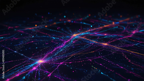 The multicolored lines converge at a point, resembling bundles of neural connections on a dark background