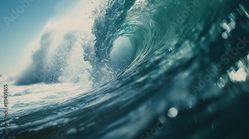 Ocean Wave Closeup Water. Ocean wave closeup detail of upright crashing hollow breaking water. energy power of nature. photo