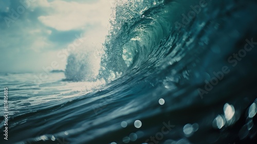 Ocean Wave Closeup Water. Ocean wave closeup detail of upright crashing hollow breaking water. energy power of nature. © armensl