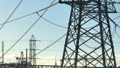 Aerial: High Voltage Electrical Transmission Pylon Close Up