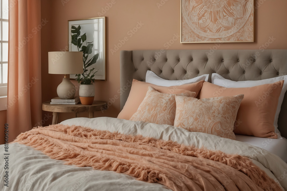 Stylish Bedroom Design with Peach Toned Bedding, Tufted Headboard, and Elegant Bedside Decor Stylish Bedroom Design with Peach Toned Bedding, Tufted Headboard, and Elegant Bedside Decor