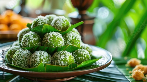 Malay Traditional Sweet Dessert Known as Kuih Onde Onde or Buah Melaka Popular During Ramadan Festival photo