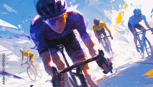 three cyclists in action during the Tour de France on road bikes. The focus is on the front cyclist wearing a purple jersey and black gloves with a helmet