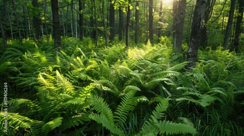During the summer solstice the forest is adorned with sunlit vibrant green ferns particularly the dryopteris species photo
