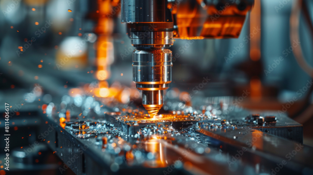 Close-up of high precision machinery at work cutting metal with sparks in an industrial setting. Close-up of high precision machinery at work cutting metal with sparks in an industrial setting.