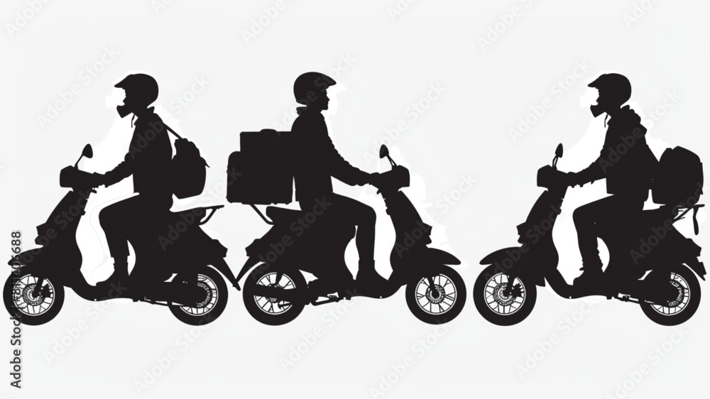 couriers on a scooter and moped silhouette on a white background vector 3D avatars set vector icon, white background, black colour icon