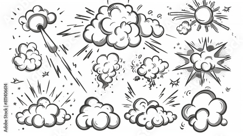 Comic cartoon line bomb explosion. Doodle fight boom and bang effects, black pop drawn explosive elements, explose clouds, sketch shapes 3D avatars set vector icon, white background
