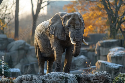 An elephant bathed in the warm glow of sunlight amidst a rocky backdrop