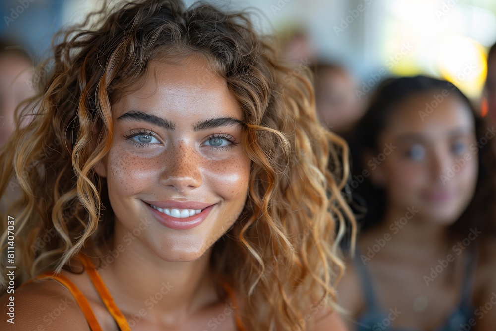 A cheerful woman with beachy wavy hair smiles in a natural, outdoor setting with a blurry background A cheerful woman with beachy wavy hair smiles in a natural, outdoor setting with a blurry background