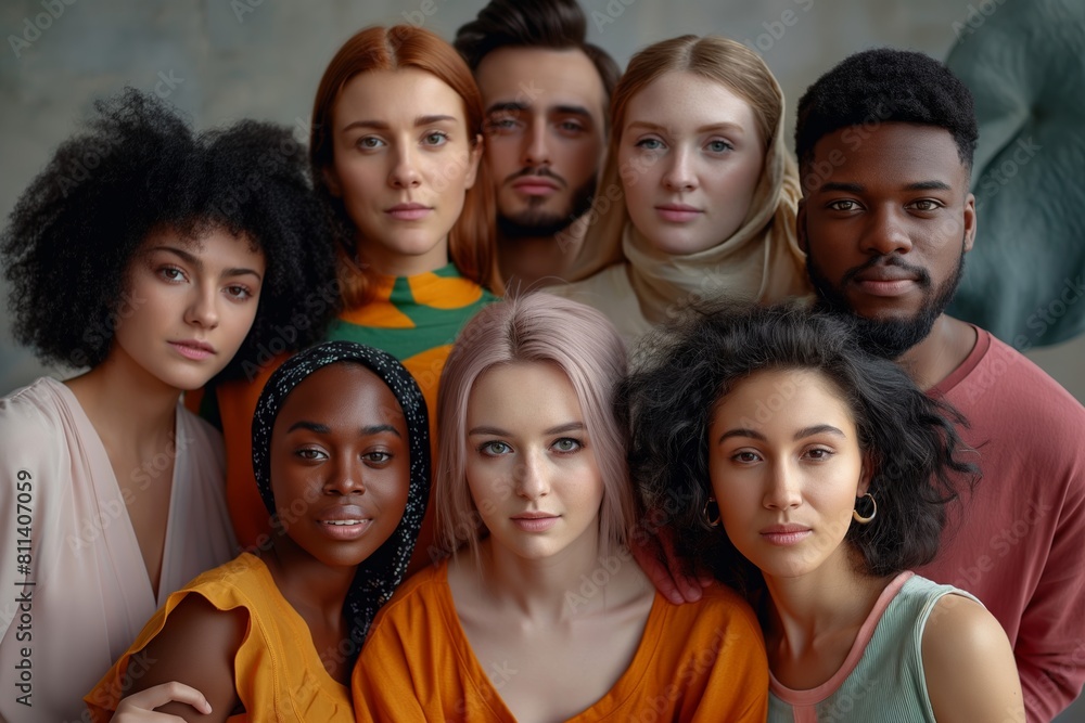 A composite portrait of diverse individuals grouped together with a serene expression