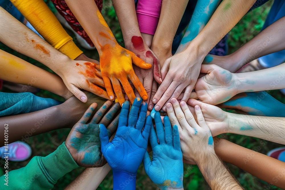 Fototapeta premium A vibrant overhead shot capturing a group of diverse hands smeared with colorful paints