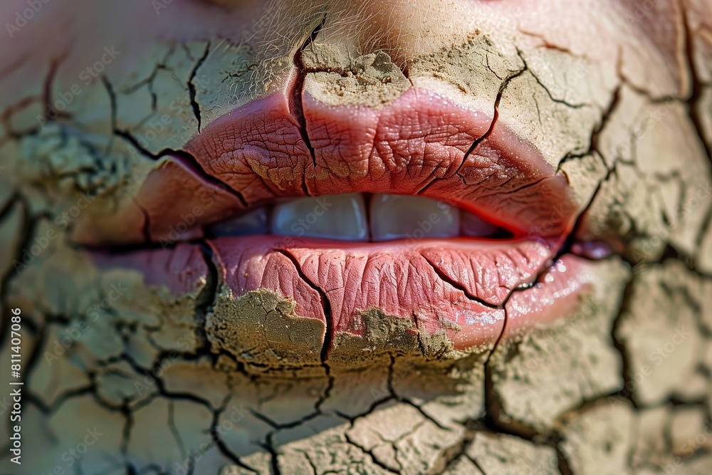 Obraz premium Macro shot of lips with applied cracked earth texture, depicting drying and aging