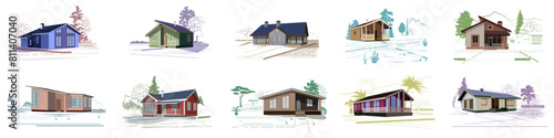 Set of modern houses with landscape sketches. Vector illustration.   © Евгений Горячев