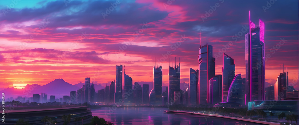 Futuristic city skyline at twilight