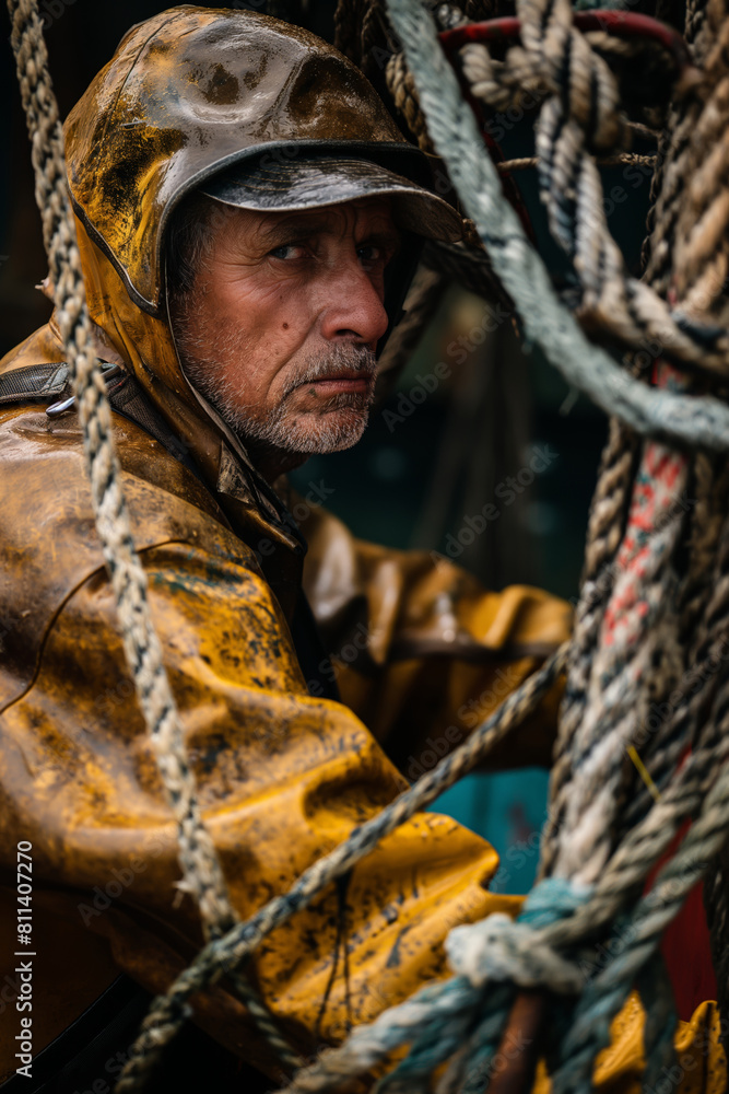 A focused sailor dressed in a yellow waterproof raincoat working with nautical ropes