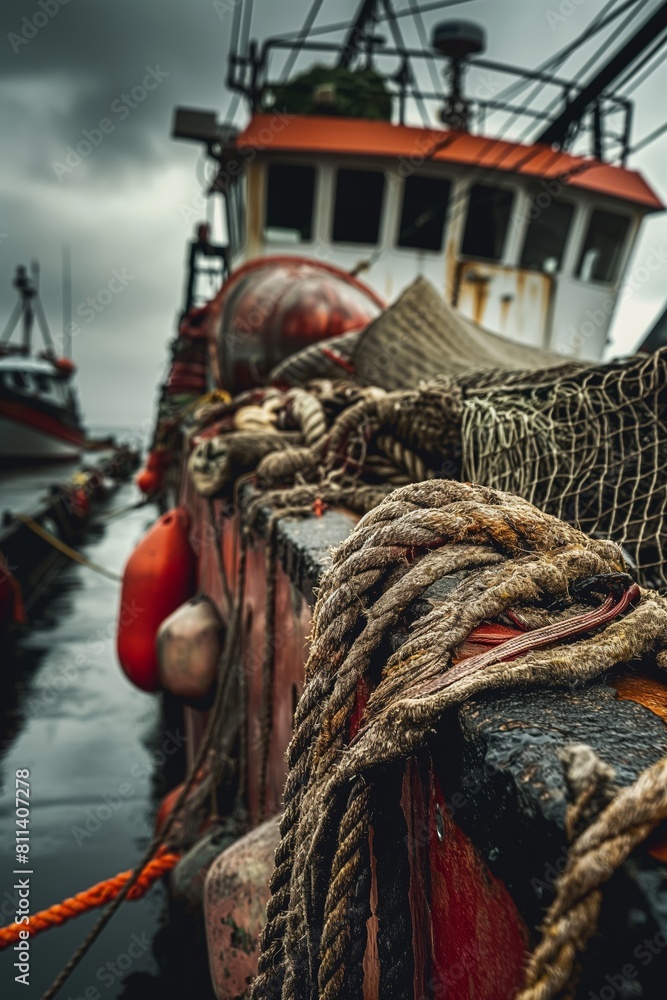 The focus on the intricate ropes and nets aboard provides insight into the complexities of nautical equipment used in the fishing industry The focus on the intricate ropes and nets aboard provides insight into the complexities of nautical equipment used in the fishing industry