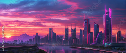 Futuristic city skyline at twilight