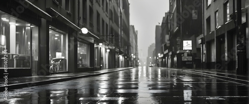 Rainy city street in monochrome tones