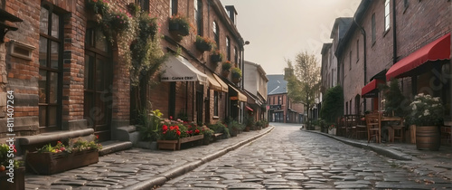 Cobbled alley with blooming flowers in daylight photo