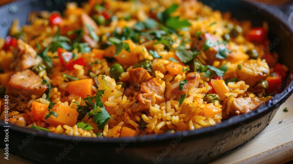 Mixed rice and vegetable dish with chicken meat Mixed rice and vegetable dish with chicken meat