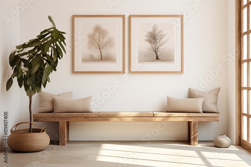 Wooden bench with pillows and wall picture  enhancing interior design