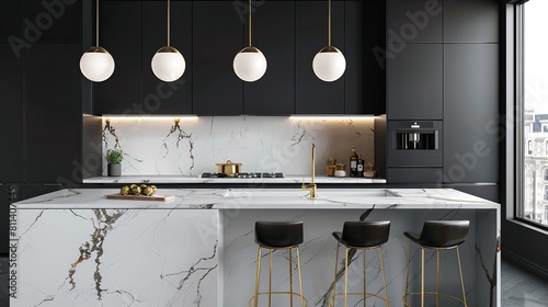 Chic and Modern Kitchen Decor with Trendy Black and White Cabinets, Golden Finishes, and Marble Countertop. photo