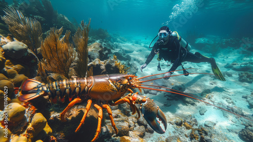 Scuba diver in clear waters close to a large lobster among vibrant coral reefs. © khonkangrua